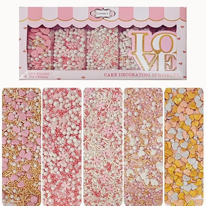 Confect Pink, Silver, Gold & White Pearl Sprinkles Mix ??Edible Baking Decorations for Cakes, Cupcakes, Cookies ??Valentine?셲 & Celebration Sprinkle Set ??Pack of 5 - Vegan, Gluten-Free, Nut-Free, Soy-Free, Dairy-Free, Palm Oil-Free -5 Oz