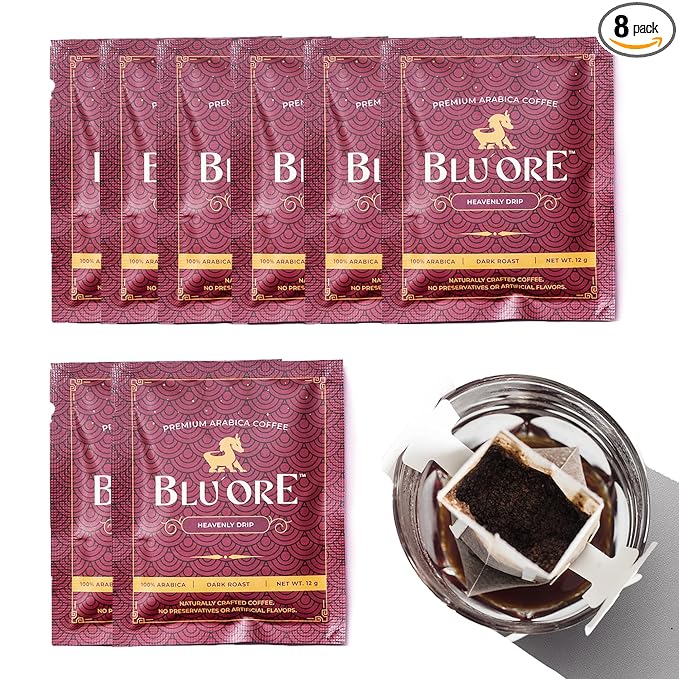 Blu Ore Premium Vietnamese Coffee - Single Serve Pour Over (8 Pack) - 100% Arabica Drip Bag Coffee, Eco-Friendly Filter, Travel Friendly, No Preservatives - Dark Roast