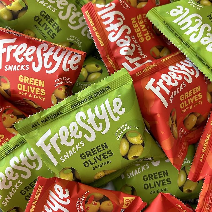 Freestyle Snacks Olive Snack Packs - Single Serve - Fresh Pitted Green Olives, Jumbo-Sized, Grown in Greece, All Natural, Non-GMO, Paleo, Sugar-Free, Keto, Salty Snack - Hot and Spicy, 1.1oz (24 Pack)