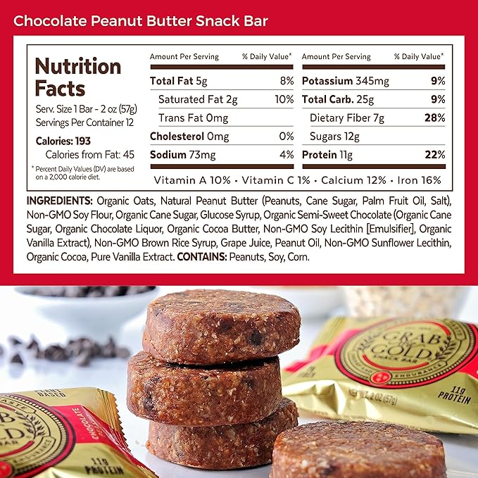 Snack Bars by Grab The Gold - Organic, Gluten Free, Vegan, Kosher, & Dairy Free - 11g of Protein - Chocolate Peanut Butter (14 Count)