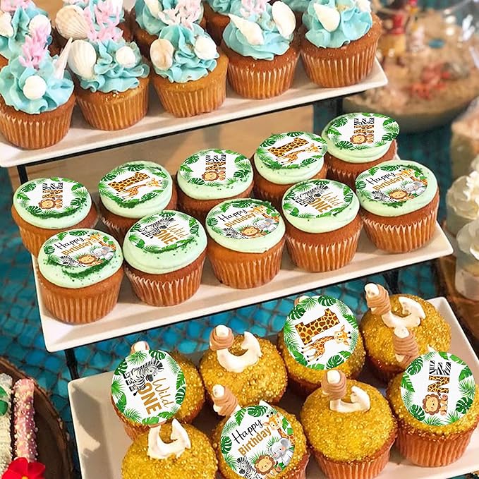 40 PCS Wildlife One Cupcake Toppers Wafer Paper Animal 1st Birthday Decorations Cupcake Toppers for Jungle Safari Animal Theme Baby Shower Kids Birthday Party Cake Decorations
