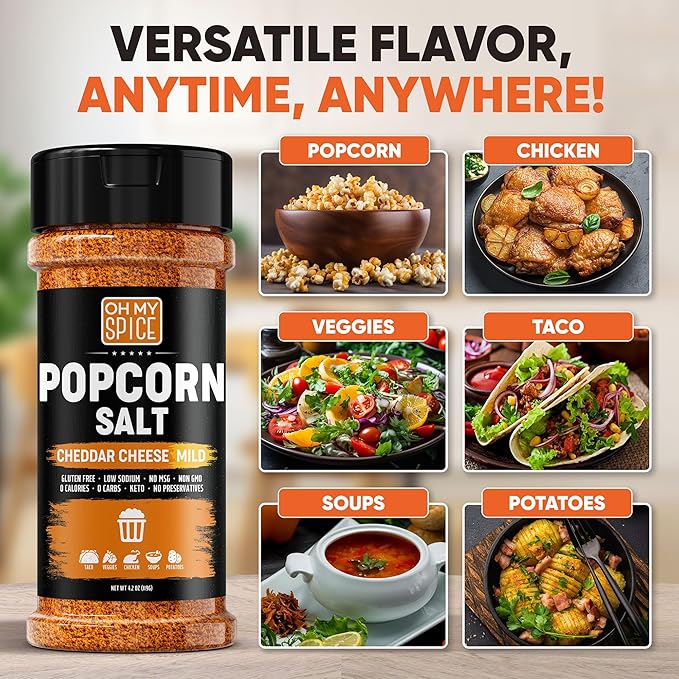 Popcorn Seasoning Cheddar Cheese Powder Mix - Gluten Free & Low Sodium Mild Nacho Cheese Powder Flavor Popcorn Flavoring Seasoning. Movie Theater Pop Corn Toppings. Hot Pop Corn Salt Seasonings. 4.2oz
