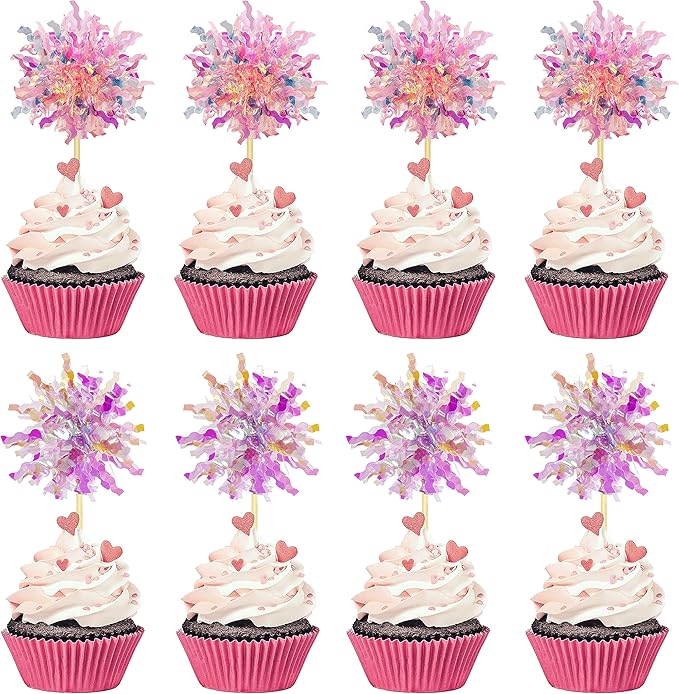 30PCS Foil Firework Cupcake Toppers, Happy Birthday Orange Cake Toppers, Sparkle Tinsel Flower Drink Stirrers Cocktail Food Fruit Toothpicks for Cake Decoration Party Supplies