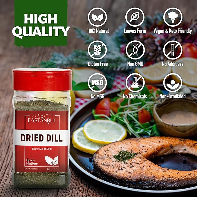 Eastanbul Dill Weed, 2.5oz Dried Dill Weed, Eneldo En Povlo, Pure, Freshly Cut, Sifted, Mediterranean Seasoning, Exquisitely Fragrant, Pairs with Salads, Dips, Soups, Seafood and More
