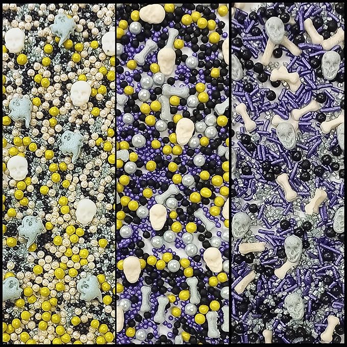 Confect Sprinkles ??Edible Pearl Mix in White, Purple, Black & Ghastly Green with Ghost Party Shapes: Boo, Bats & Bones ??Halloween Sprinkles for Cupcakes, Cookies & Spooky Treats- 5 Oz