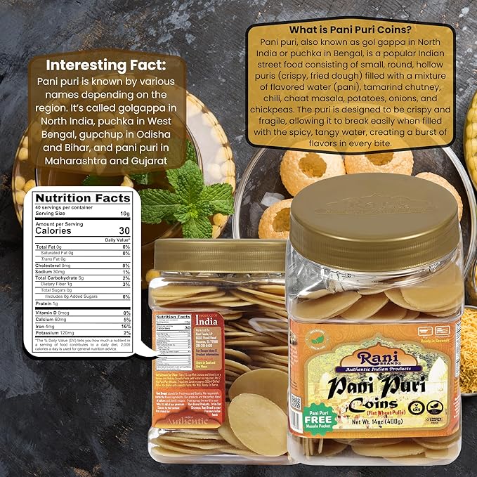 Rani Pani Puri Coins (Uncooked, Microwaveable Wheat Semolina Coins) 14oz (400g) w/Pani Puri Masala (14-Spice Blend for Indian Spicy Water) 1.75oz (50g) ~ All Natural | Vegan | NON-GMO | Kosher