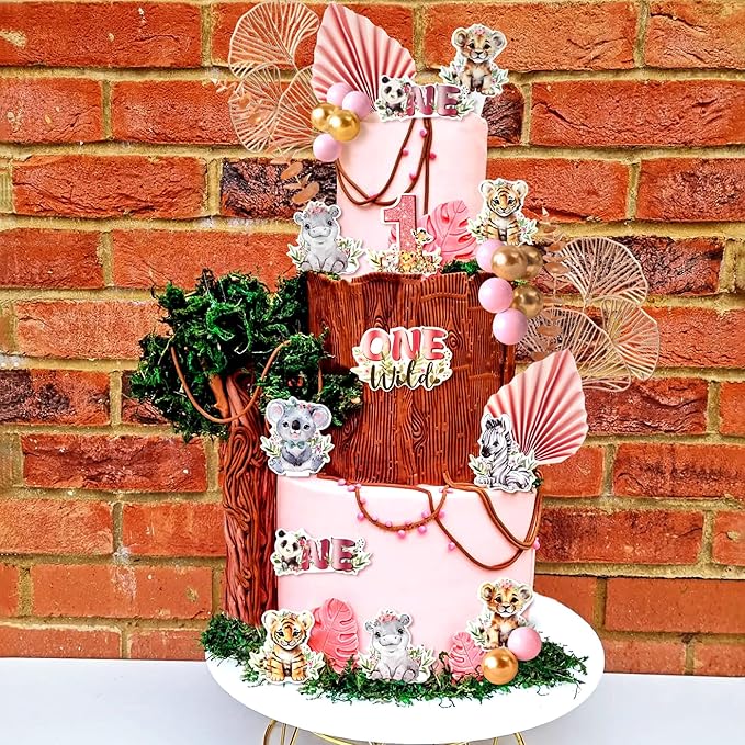 40PCS Wild One Cake Topper 1st Birthday Party for Girl Safari Animal Cake Decorations Wild One First Birthday Party Jungle Cake Toppers Zoo Animal Baby Shower