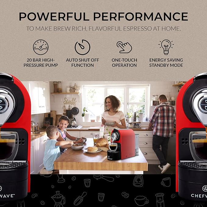 ChefWave Espresso Machine for Nespresso Compatible Capsules (Red) Bundle with Capsule Holder, 2 Glass Cups and Descaling Powder (2 Items)