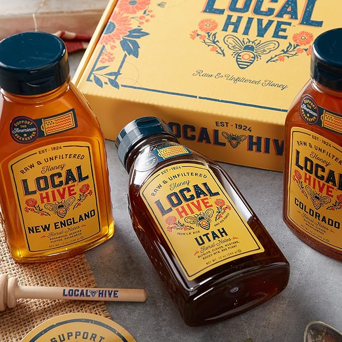 Local Hive Honey Bliss Gift Box – 3 x 16oz Bottles (Utah, Colorado & New England), Raw & Unfiltered, 100% Pure US Honey from American Beekeepers - Natural Sweetener, Ideal for Tea, Baking, and Cooking