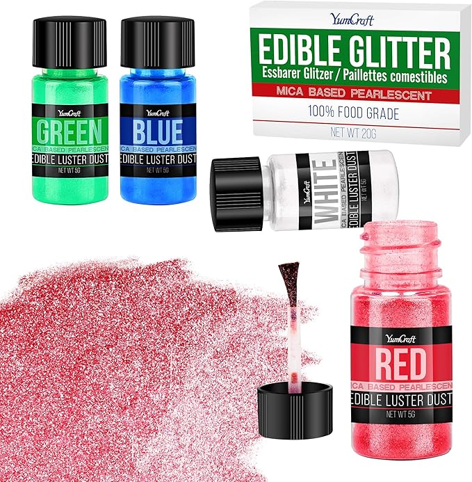 Edible Glitter Set, 4 Colors Luster Dust Edible Powder for Cake Decorating, Food Grade Vegan Edible Glitter for Drinks, Cocktails, Shimmering Glitters Food Coloring Powder for Chocolate(5g/Bottle)