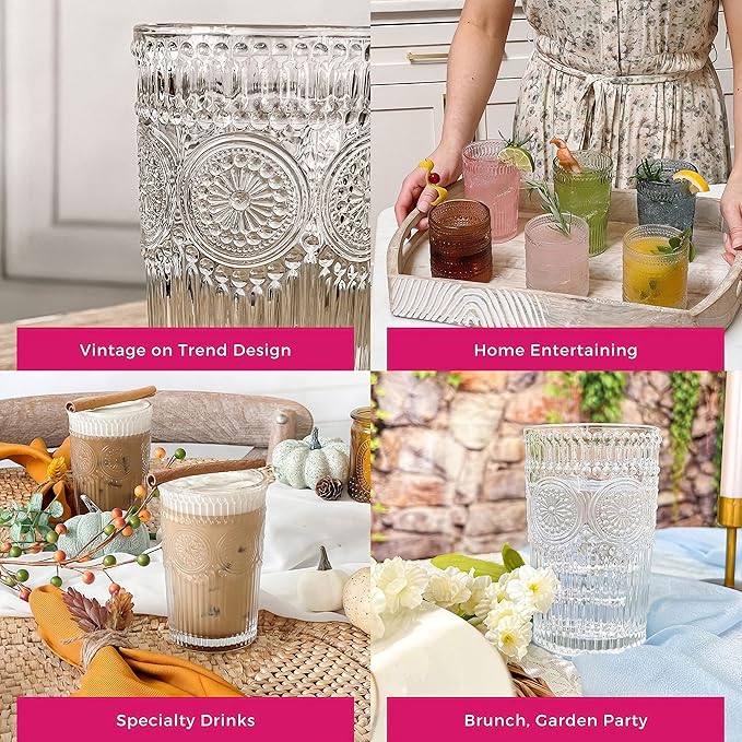 Kate Aspen Vintage Textured Clear Striped Drinking Glasses Set of 6, (13 oz) Ribbed Glassware Set with Flower Design | Cocktail Set, Glass Cups, Iced Coffee Cup
