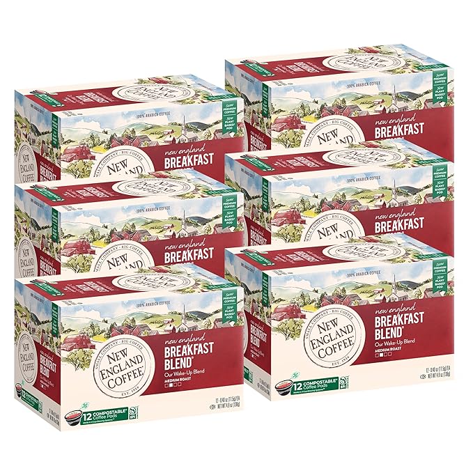 New England Coffee Breakfast Blend Medium Roast Single Serve Pods, 12ct Box (Pack of 6)