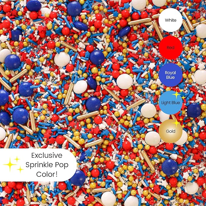 Sprinkle Pop Old Glory Sprinkle Mix| Red White Blue Sprinkles with Gold Metallics| Decorating Patriotic Sprinkles Made in USA for 4th of July Independence Day Cakes Cupcakes Donuts Cookies, 2oz