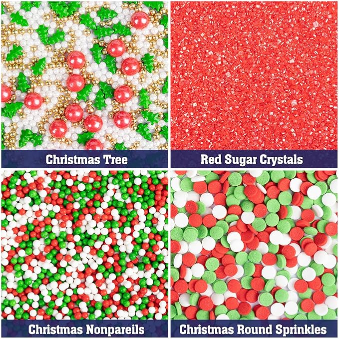 Twisweet Christmas Sprinkles 12oz, Red Green White Sprinkle for Cake Decorating, Edible Christmas Tree Sugar Sprinkles for Baking, Candy Pearls Mix, Cake Topper Ice Cream Cupcake Cookie Toppings Dessert Festival Decorations