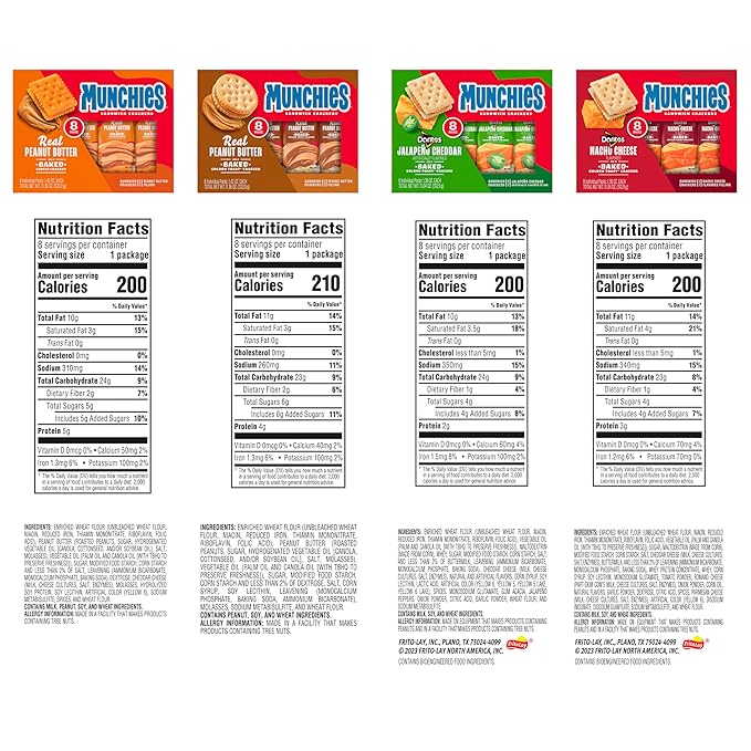 Munchies Baked Sandwich Crackers Variety Pack, Cheese Peanut Butter, Toast Peanut Butter, Doritos Nacho Cheese, and Doritos Jalapeno Cheese (Pack of 32 sleeves)