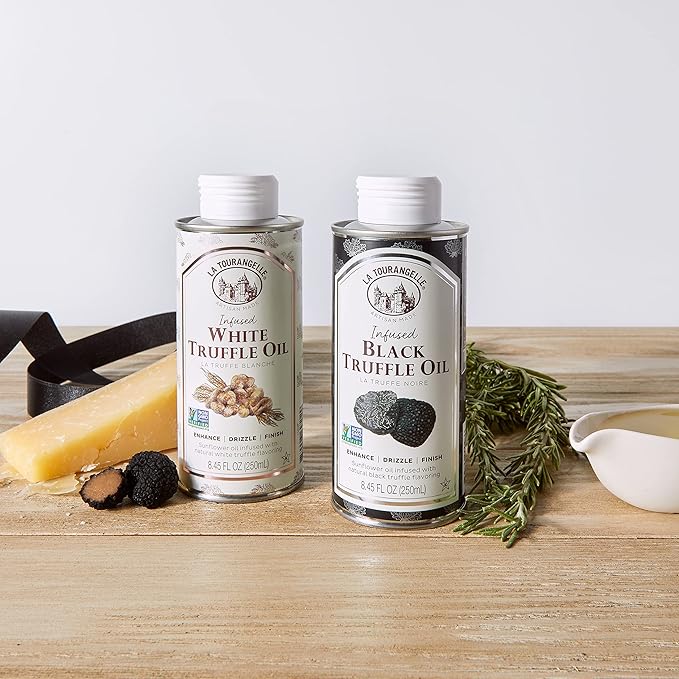 La Tourangelle, White Truffle Oil & Black Truffle Oil Set, Complex Gourmet Earthy Flavor for Drizzling over Pasta, Popcorn, Vegetables, Potatoes, Soup and More, Gift Box, 8.45 Fl Oz Each (Set of 2)