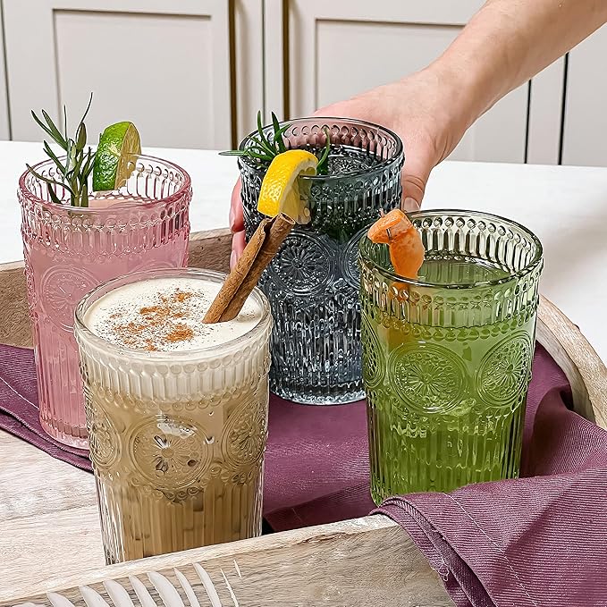 Kate Aspen Vintage Textured Clear Striped Drinking Glasses Set of 6, (13 oz) Ribbed Glassware Set with Flower Design | Cocktail Set, Glass Cups, Iced Coffee Cup