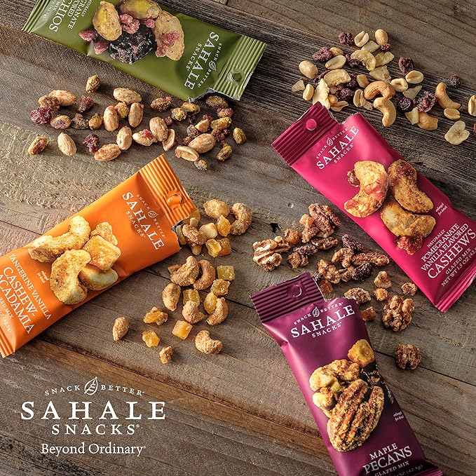 Sahale Snacks Maple Pecans Glazed Mix, 1.5 Oz Grab & Go Bags (18 Packs) Dry-Roasted, Deluxe Mixed Nuts with Cherries, Apples, Maple, and Cinnamon - Non-GMO, Kosher, and Certified Gluten-Free Snacks