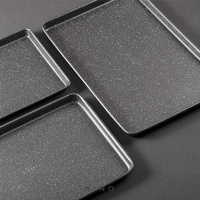 BINO Bakeware Nonstick Cookie Sheet Baking Tray Set 3-Piece - Speckled Gunmetal | NonStick Baking Pans Set | Carbon Steel Tray Bakeware Sets | Oven Safe Baking Set | Cookie Sheet Pans | Food-Safe Tray