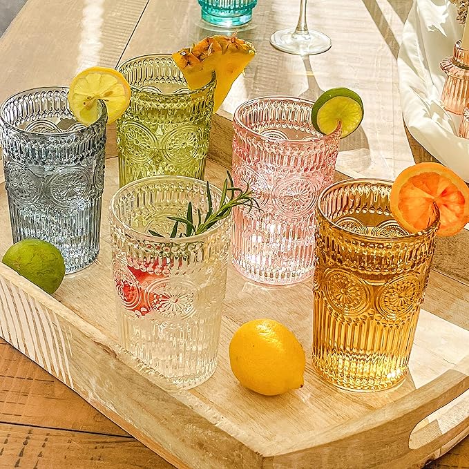 Vintage Ribbed Green Drinking Glasses Set of 6-13 oz Embossed Glass Cups for Water, Iced Tea, Cocktails - Colored Glassware for Kitchen, Vintage Tumblers, Cute Glass Cups, Boho Drinkware