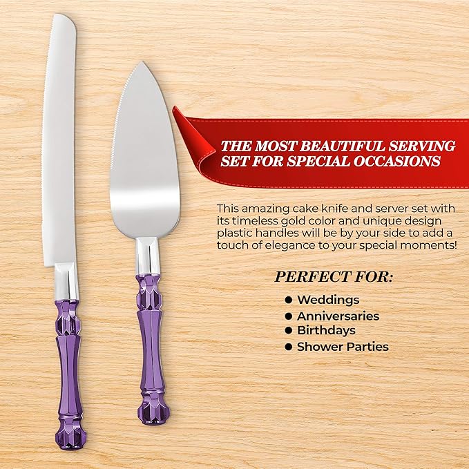 Purple Wedding Cake Knife and Server Set, Cake Cutter and Spatula, Acrylic Handle Set with 1.2mm Thick Blades for Weddings and Parties