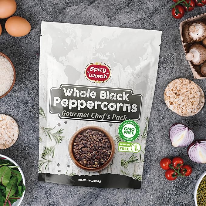Spicy World Black Peppercorns Whole 14 Ounce - As Seen On Tik Tok - Non-GMO, Steam Sterilized Whole Peppercorns for Grinder Refill