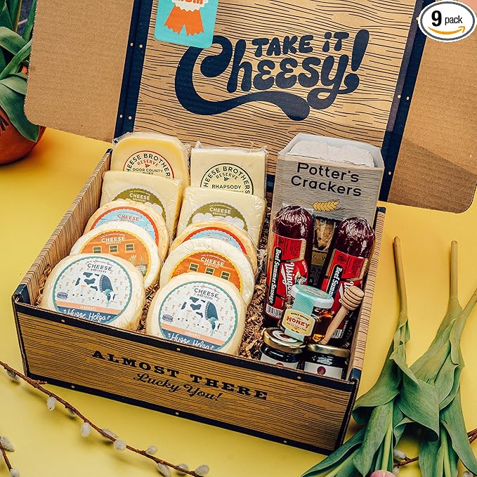 Cheese Bros Deluxe "World's Cheesiest Mom" Charcuterie Gift Box | Fresh from Wisconsin | Includes Mozzarella, Goudas, Jams, Summer Sausage, Honey, Crackers | Great for Birthday, Mother's Day