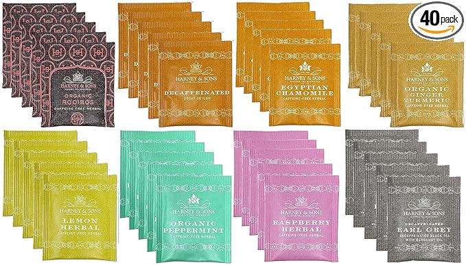 Harney & Sons Assorted Tea Bag Sampler 40 Count – Harney Decaf Tea Bags Variety Packs, Herbal Tea Bundle Caffeine Free Tea
