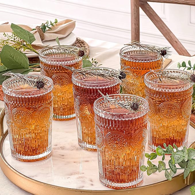 Kate Aspen Vintage Textured Clear Striped Drinking Glasses Set of 6, (13 oz) Ribbed Glassware Set with Flower Design | Cocktail Set, Glass Cups, Iced Coffee Cup