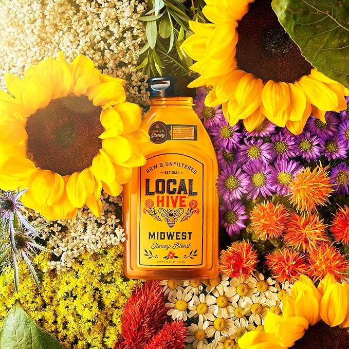 Local Hive Midwest Raw Unfiltered Honey – 16 oz, 100% Pure US Honey, Sourced from American Bees and Beekeepers - Natural Sweetener, Ideal for Tea, Baking, and Cooking
