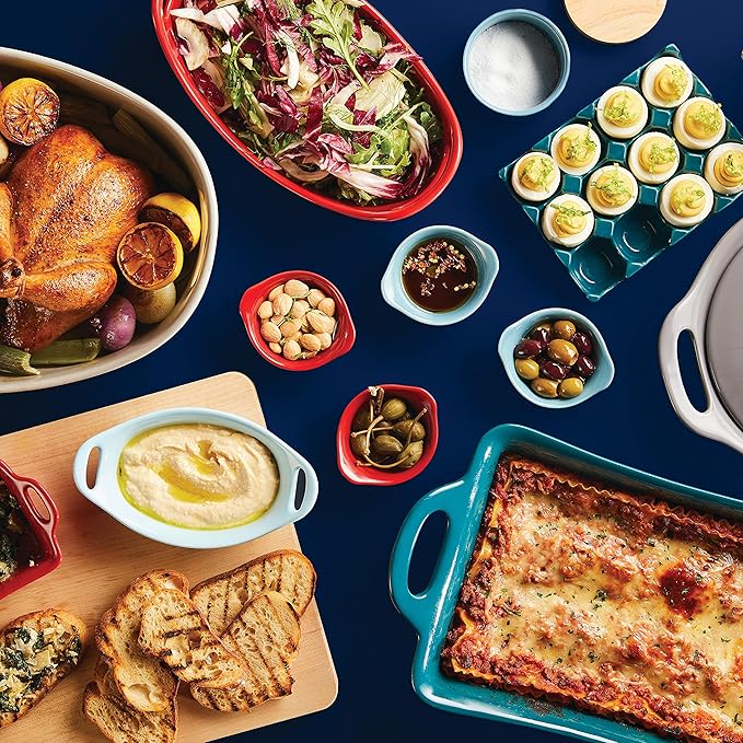 Rachael Ray Solid Glaze Ceramics Casserole Bakeware/Baker Set with Shared Lid, 3 Piece, Agave Blue