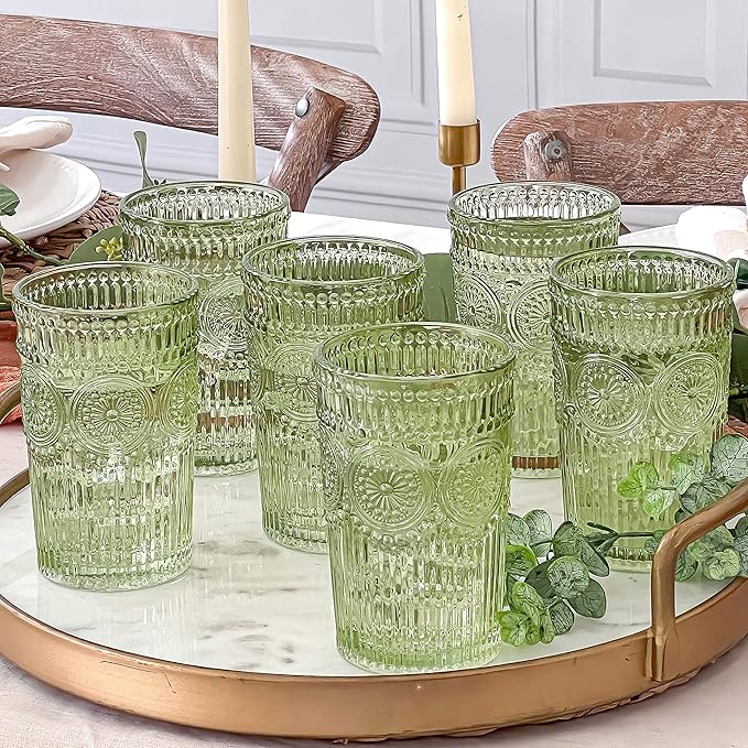Vintage Ribbed Green Drinking Glasses Set of 6-13 oz Embossed Glass Cups for Water, Iced Tea, Cocktails - Colored Glassware for Kitchen, Vintage Tumblers, Cute Glass Cups, Boho Drinkware