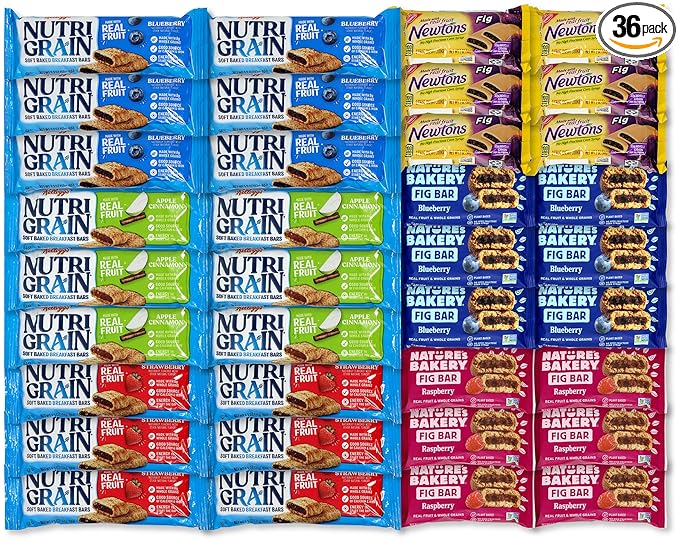 Niro Assortment | Healthy Snack Bars And Fruit Bars Varity Pack | Natures Bakery Fig Bars, Nutrigrain Bars, Filled Breakfast Bars, Fig Newtons | 6 Of Each Flavor 36 Single Wrapped Bars Total