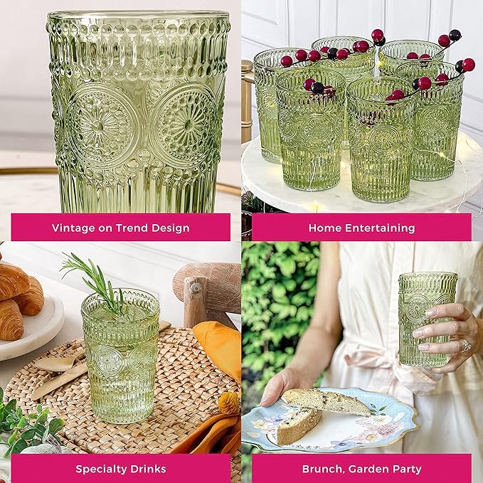 Vintage Ribbed Green Drinking Glasses Set of 6-13 oz Embossed Glass Cups for Water, Iced Tea, Cocktails - Colored Glassware for Kitchen, Vintage Tumblers, Cute Glass Cups, Boho Drinkware