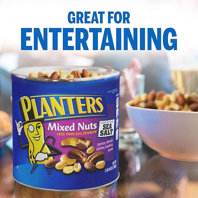 PLANTERS Salted Mixed Nuts, Party Snacks, Plant-Based Protein 56oz (1 Canister) (Pack of 2)
