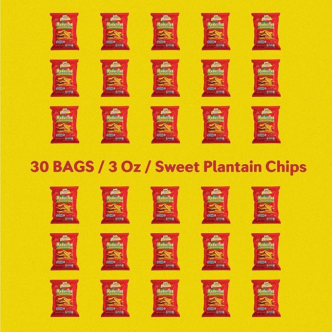 Mayté Maduritos Sweet Plantain Chips – 30 Individual Packs (3oz Each) – Crunchy, Savory, Healthy Snacks Made from Real Plantains – Non-GMO, Gluten-Free, Kosher – No Preservatives or Artificial Colors