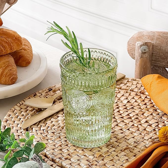 Vintage Ribbed Green Drinking Glasses Set of 6-13 oz Embossed Glass Cups for Water, Iced Tea, Cocktails - Colored Glassware for Kitchen, Vintage Tumblers, Cute Glass Cups, Boho Drinkware