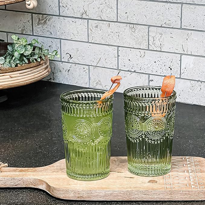 Vintage Ribbed Green Drinking Glasses Set of 6-13 oz Embossed Glass Cups for Water, Iced Tea, Cocktails - Colored Glassware for Kitchen, Vintage Tumblers, Cute Glass Cups, Boho Drinkware