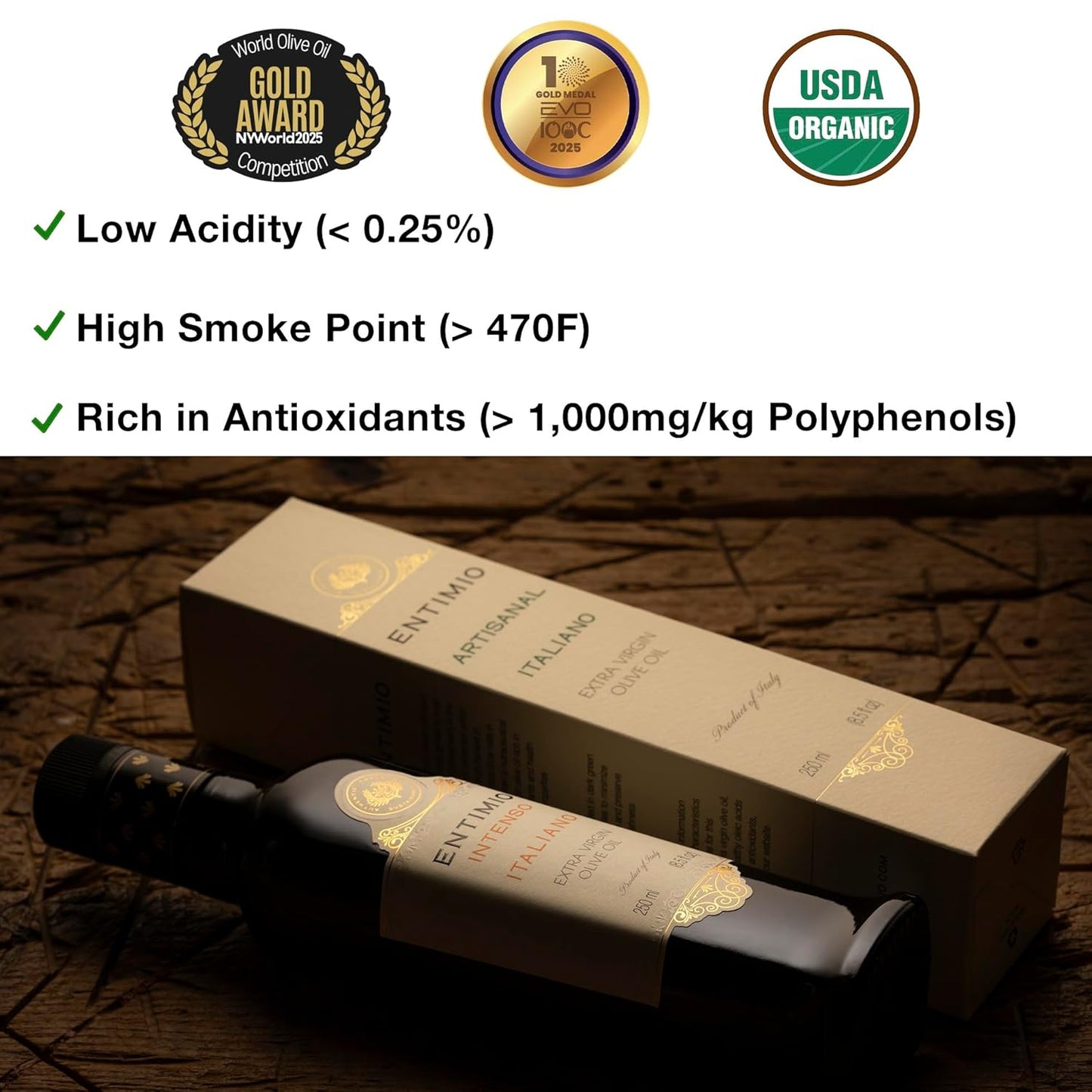 High Polyphenol Organic Extra Virgin Olive Oil (1000+ mg/kg) – Italian Early Harvest EVOO, Cold Extracted, Lab Tested, 2025 Gold Award, 8.5 fl oz