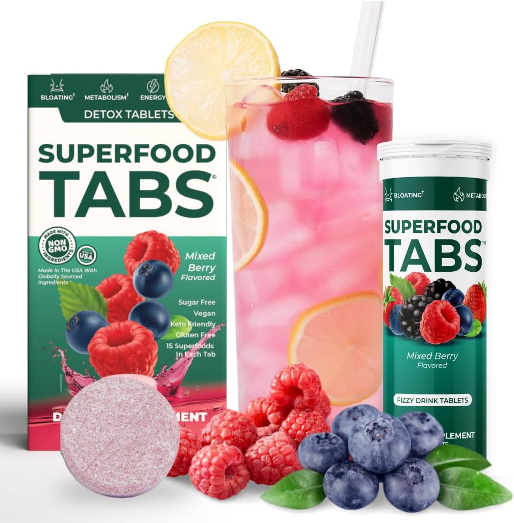 Superfood Tabs Detox Cleanse Drink - Fizzy Nutrition Supplement for Women and Men - Support Healthy Weight - Improve Digestive Health and Bloating Relief - Mixed Berry Flavor [10 Tablets]