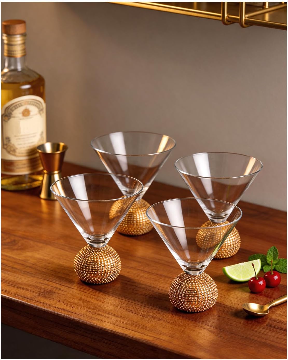 Luxury Stemless Martini Glasses Set of 4, 10 oz Crystal Cocktail Glasses with Gold Rhinestone Ball Base, Elegant Margarita, Cosmopolitan & Dessert Glasses for Parties, Weddings & Home Bar