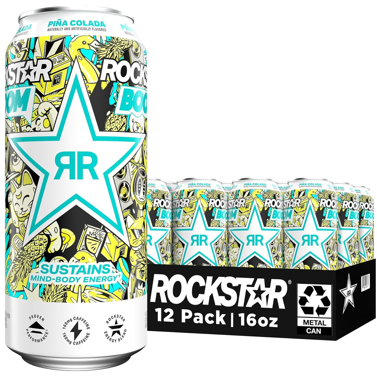 Rockstar Boom Piña Colada Energy Drink 16 oz (12 Pack) – Tropical Flavor Energy Drink