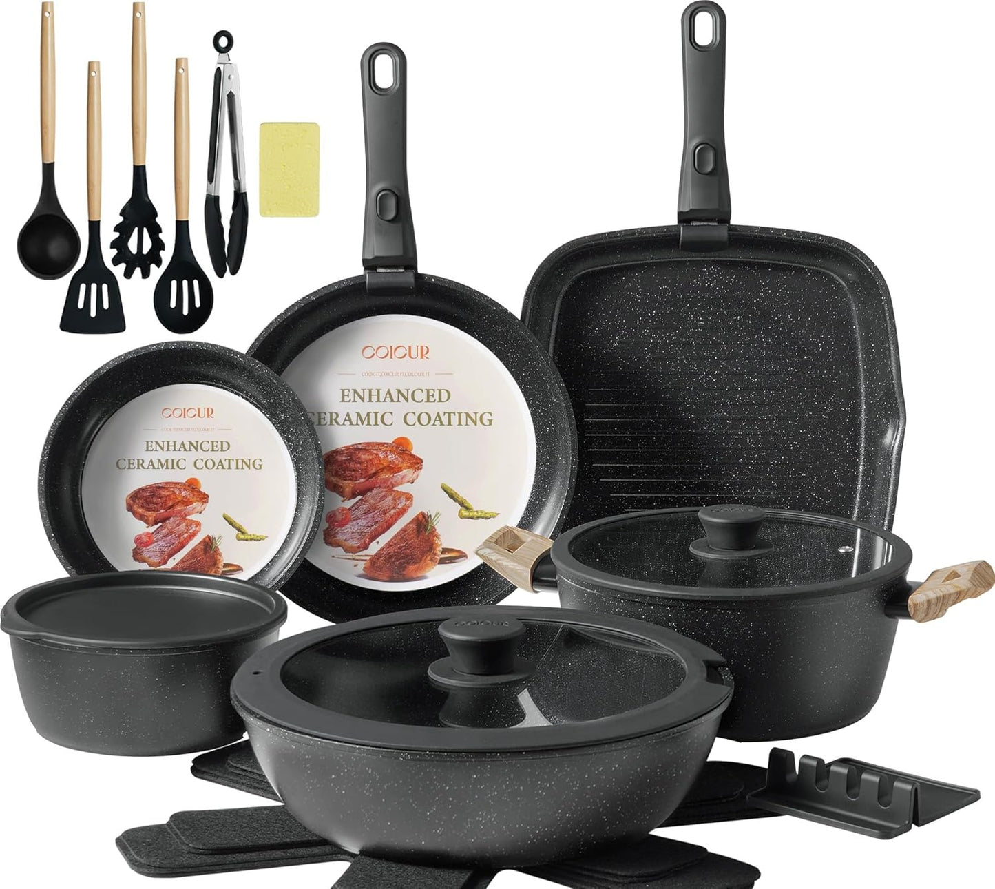 23PCS Ceramic Nonstick Cookware Set, Nonstick Detachable Handle Ceramic Cookware, Induction Kitchen Cooking Set with Removable Handle,include Frying Pans & Saucepans Oven Safe(Black)
