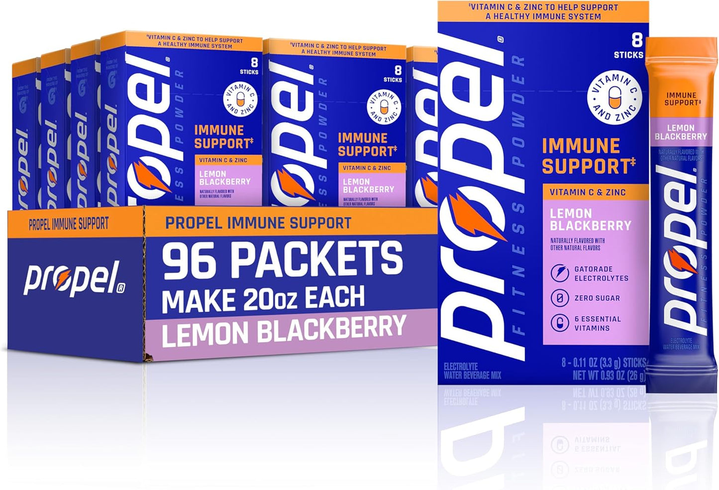 Propel Immune Support Powder Drink Mix, Lemon Blackberry, Zero Sugar Electrolyte Hydration Packets with Vitamin C & Zinc, 96 Servings