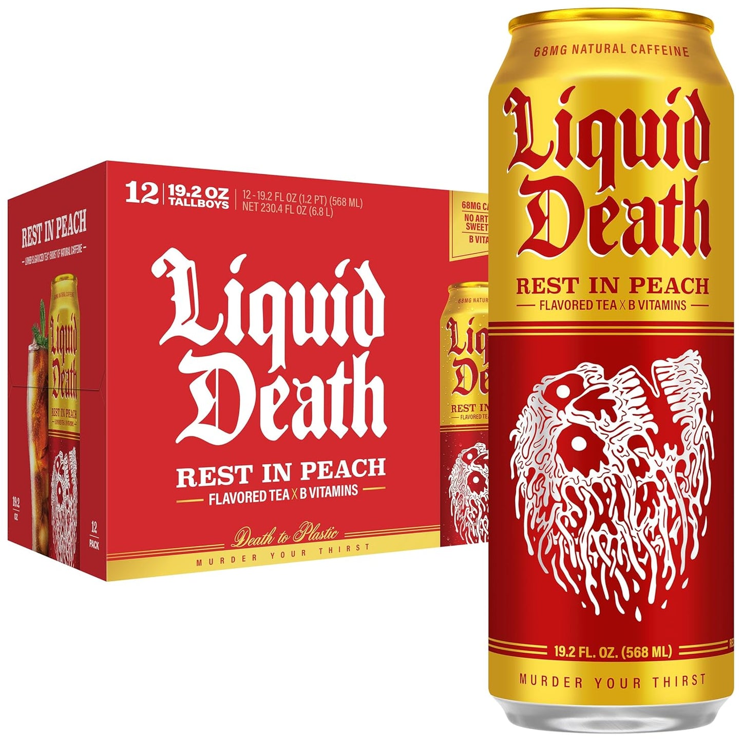 Liquid Death Iced Tea - Rest In Peach (Peach-Flavored Black Tea), Less Sugar, Boost of Caffeine, B Vitamins, No Artificial Sweeteners, King Size 19.2 Fl Oz (Pack of 12)