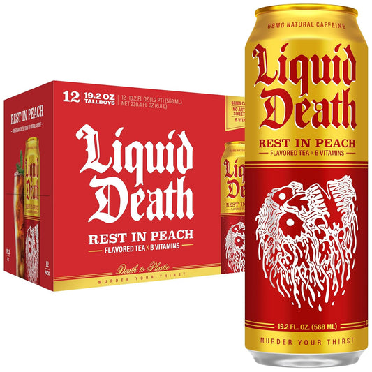 Liquid Death Iced Tea - Rest In Peach (Peach-Flavored Black Tea), Less Sugar, Boost of Caffeine, B Vitamins, No Artificial Sweeteners, King Size 19.2 Fl Oz (Pack of 12)