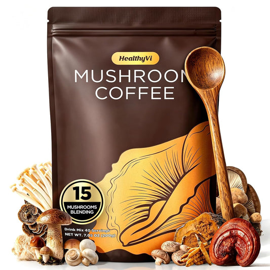 15 Mushroom Instant Coffee with Ashwagandha & L-Theanine – Medium Roast Arabica Mushroom Coffee for Focus, Energy, Mood & Gut Health – Vegan Low Acid Coffee Powder, 40 Servings