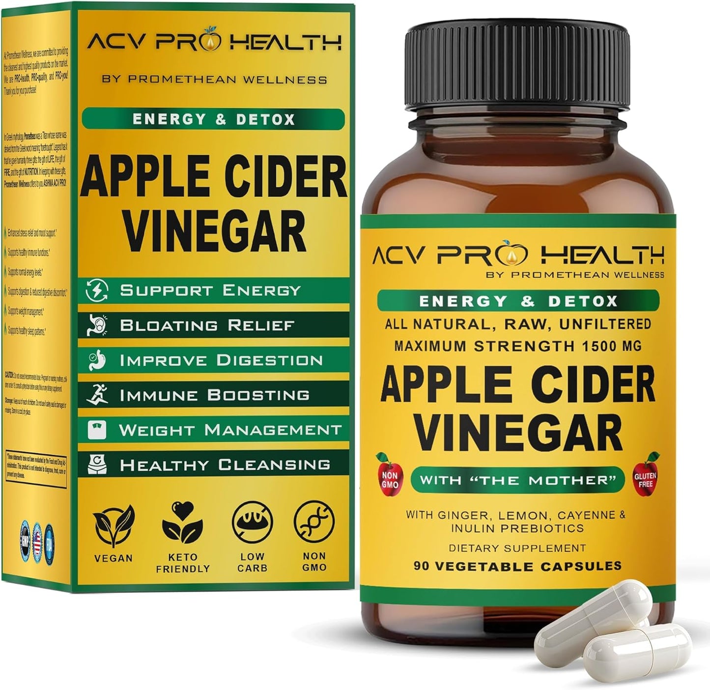 ACV Pro Apple Cider Vinegar Capsules Certified Organic with Mother ACV Pills Detox Cleanse Acid Reflux Relief Support Supplement Ginger Root Cayenne Pepper Powder