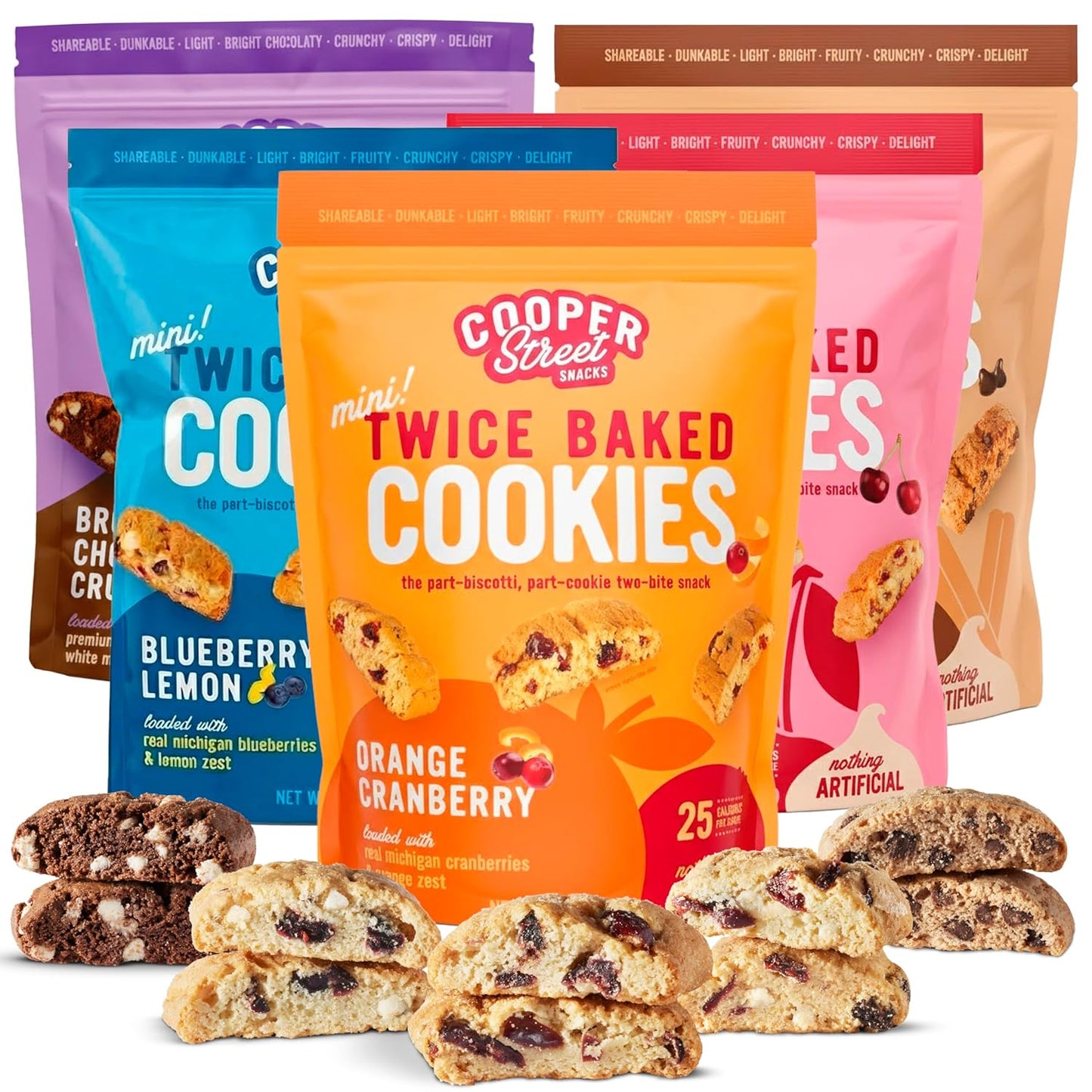 Cooper Street Twice Baked Biscotti Cookies Variety Pack - 5 Pack (5oz Each) - Light and Crispy Coffee Cookies 5 Flavors Assortment - Low-Calorie Snacks for Adults & Kids - Dairy & Peanut Free, Kosher