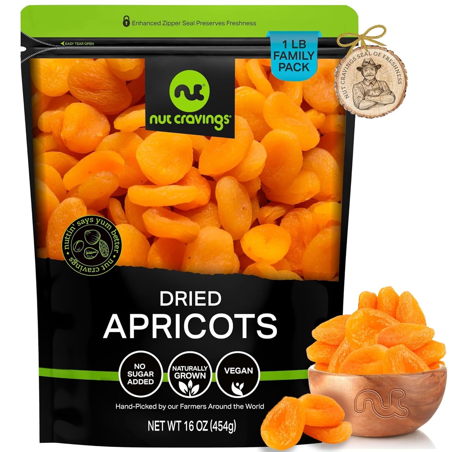 NUT CRAVINGS - Sun Dried Turkish Apricots, No Sugar Added, Unsweetened (16oz, 1 LB) Bulk Dry Fruits Packed Fresh in Resealable Bag - Sweet Healthy Snack, Naturally Grown, Vegan, Kosher